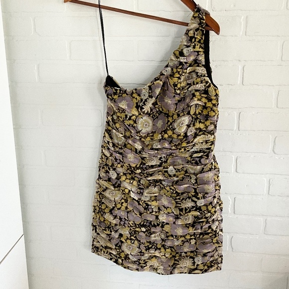 NWOT Zara Mini dress One shoulder Floral Draped Ruched Black Lavender Yellow M - Picture 7 of 16